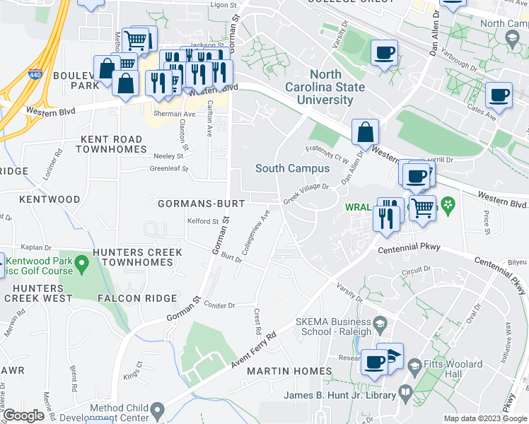 map of restaurants, bars, coffee shops, grocery stores, and more near in Raleigh
