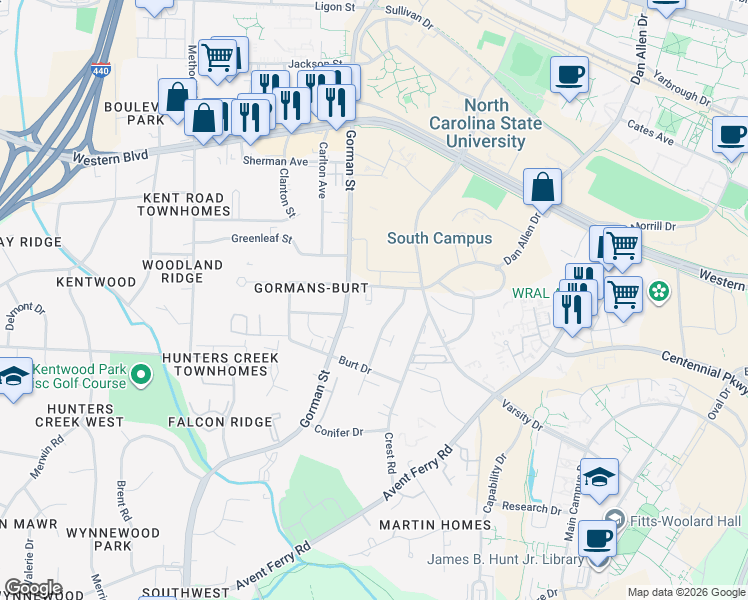 map of restaurants, bars, coffee shops, grocery stores, and more near in Raleigh