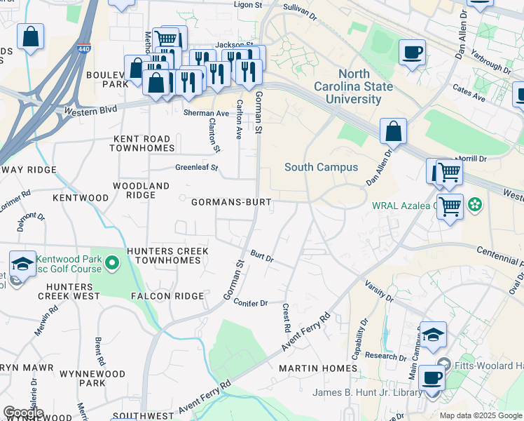 map of restaurants, bars, coffee shops, grocery stores, and more near 3615 Marcom Street in Raleigh