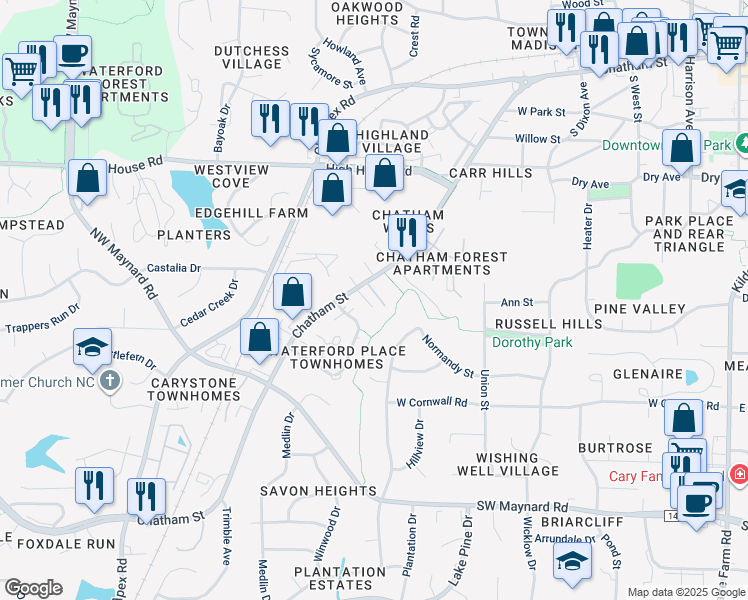 map of restaurants, bars, coffee shops, grocery stores, and more near 907 West Chatham Street in Cary
