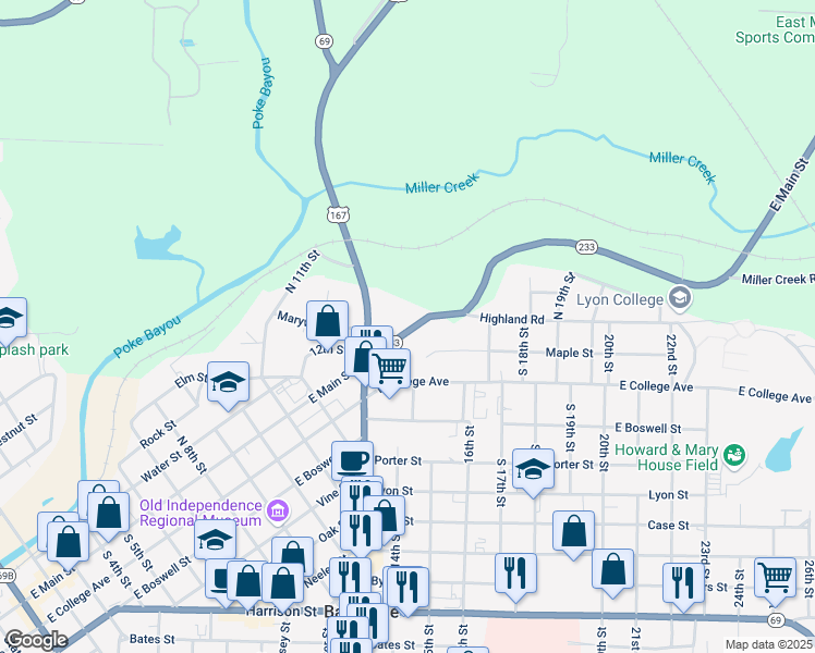 map of restaurants, bars, coffee shops, grocery stores, and more near 1475 East Main Street in Batesville