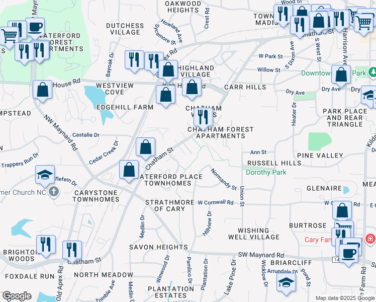 map of restaurants, bars, coffee shops, grocery stores, and more near 109 Cimmaron Court in Cary