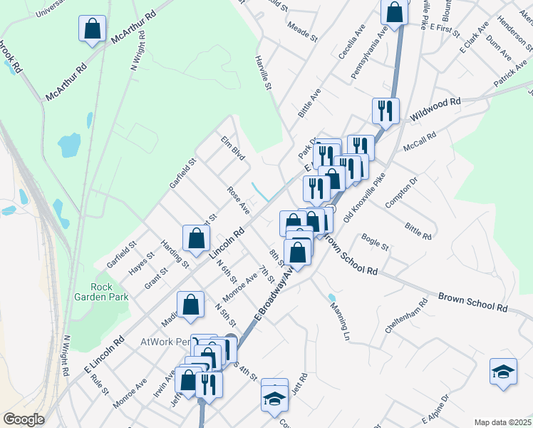 map of restaurants, bars, coffee shops, grocery stores, and more near 144 Olivia Lane in Maryville