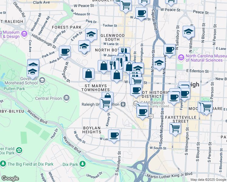 map of restaurants, bars, coffee shops, grocery stores, and more near 131 South Boylan Avenue in Raleigh