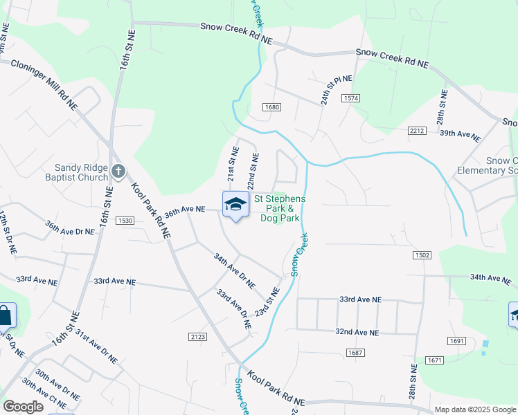 map of restaurants, bars, coffee shops, grocery stores, and more near 2219 36th Avenue Northeast in Hickory