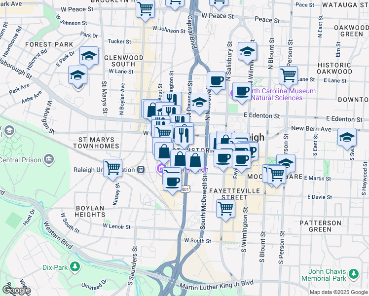 map of restaurants, bars, coffee shops, grocery stores, and more near 300 West Hargett Street in Raleigh