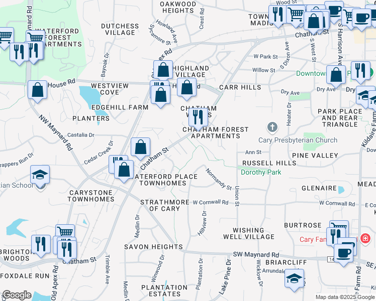 map of restaurants, bars, coffee shops, grocery stores, and more near 911 West Chatham Street in Cary