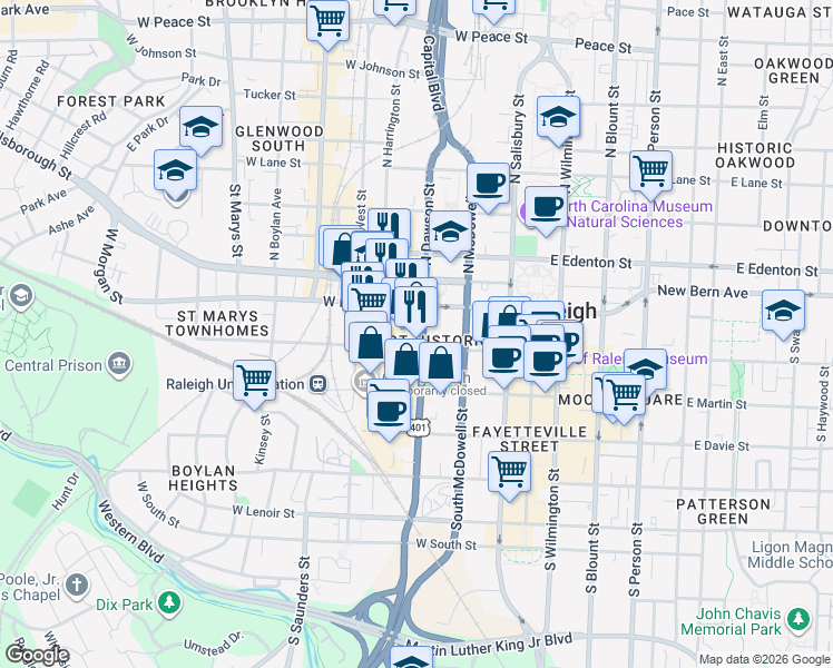 map of restaurants, bars, coffee shops, grocery stores, and more near 101 South Dawson Street in Raleigh