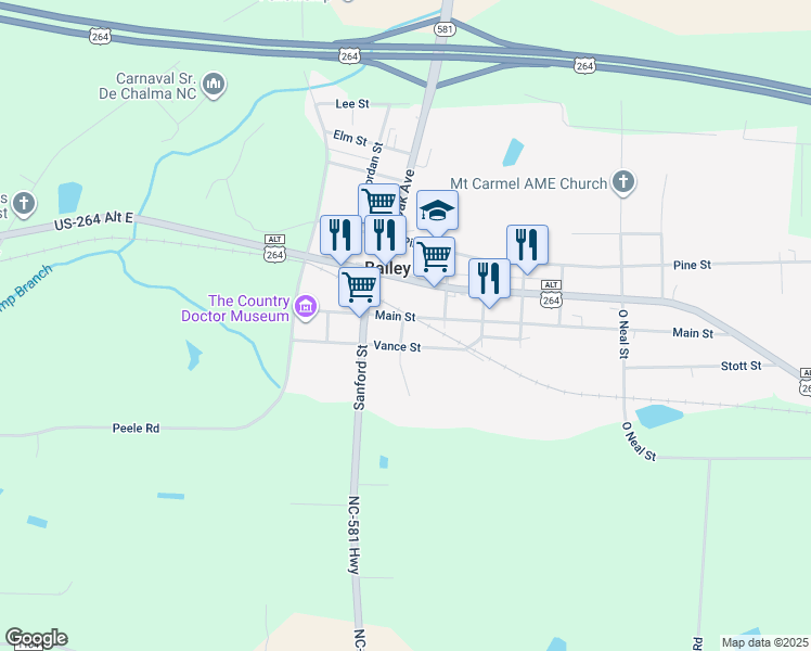 map of restaurants, bars, coffee shops, grocery stores, and more near Hanover Street in Bailey