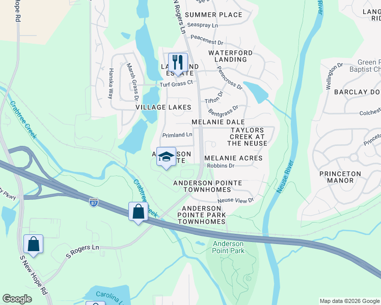 map of restaurants, bars, coffee shops, grocery stores, and more near 5173 Busted Rock Trail in Raleigh