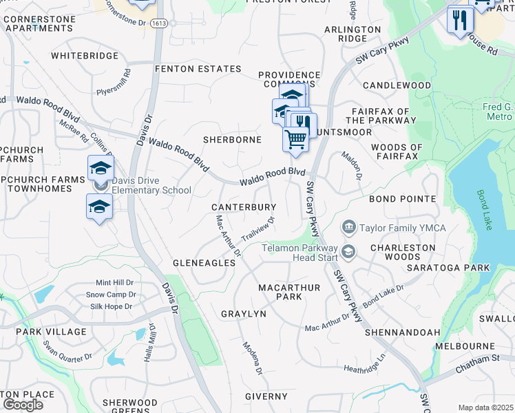 map of restaurants, bars, coffee shops, grocery stores, and more near 115 Riva Trace Drive in Cary