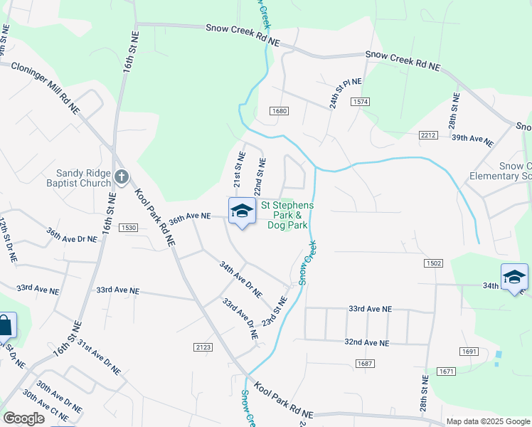 map of restaurants, bars, coffee shops, grocery stores, and more near 2219 36th Avenue Northeast in Hickory
