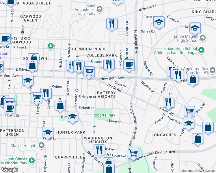 map of restaurants, bars, coffee shops, grocery stores, and more near 1317 Poole Road in Raleigh