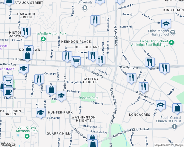 map of restaurants, bars, coffee shops, grocery stores, and more near 1320 Poole Road in Raleigh