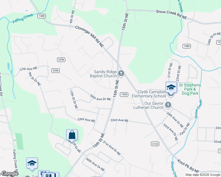 map of restaurants, bars, coffee shops, grocery stores, and more near 3651 16th Street Northeast in Hickory