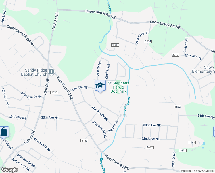 map of restaurants, bars, coffee shops, grocery stores, and more near 2209 36th Avenue Northeast in Hickory