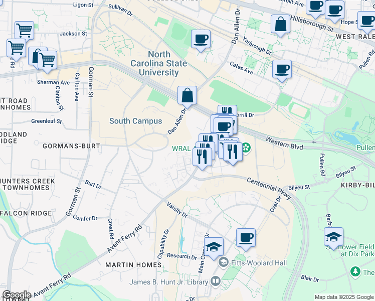 map of restaurants, bars, coffee shops, grocery stores, and more near 2354 Champion Court in Raleigh