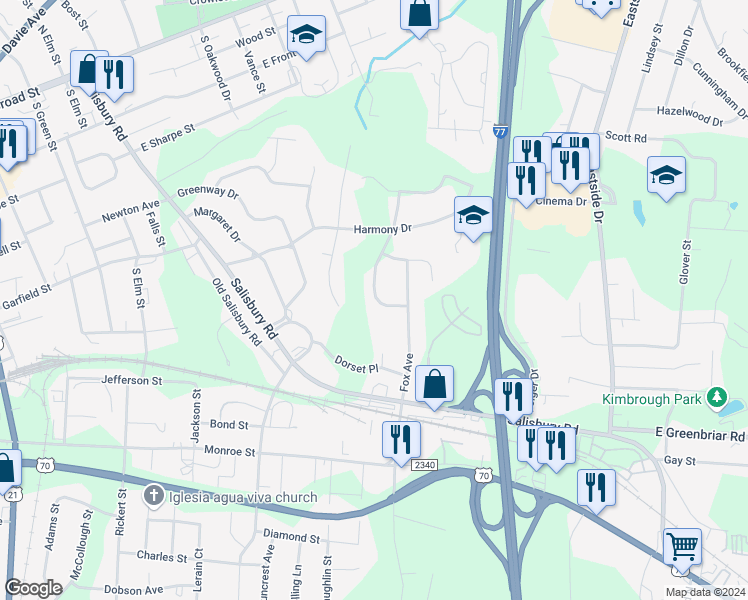 map of restaurants, bars, coffee shops, grocery stores, and more near 602 Foxcroft Terrace in Statesville