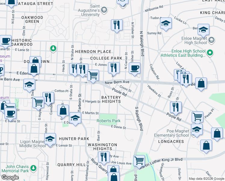 map of restaurants, bars, coffee shops, grocery stores, and more near 1317 Poole Road in Raleigh