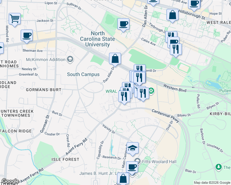 map of restaurants, bars, coffee shops, grocery stores, and more near 2374 Champion Court in Raleigh
