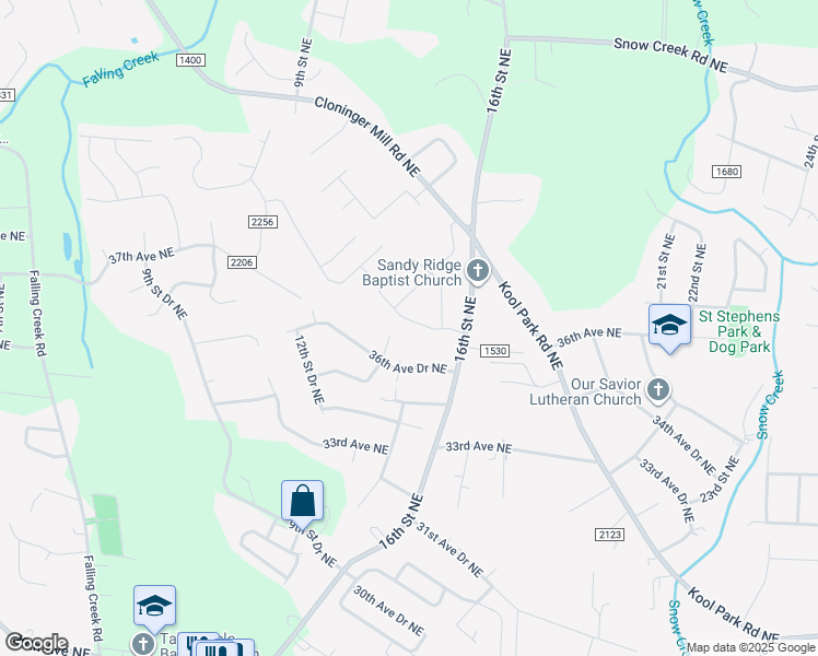 map of restaurants, bars, coffee shops, grocery stores, and more near 3621 16th St NE in Hickory