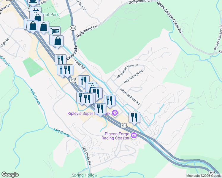 map of restaurants, bars, coffee shops, grocery stores, and more near 426 McMahan Road in Pigeon Forge