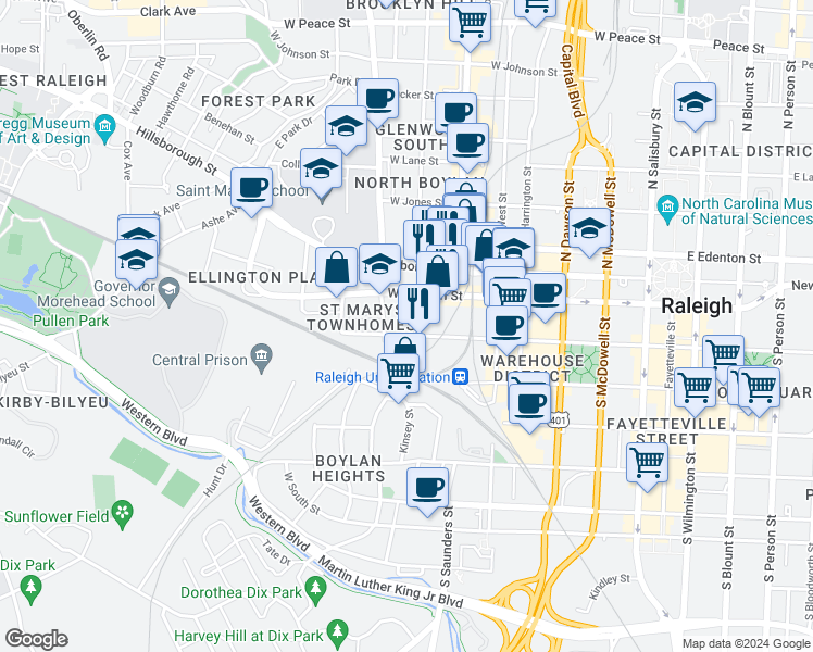map of restaurants, bars, coffee shops, grocery stores, and more near 708 West Hargett Street in Raleigh