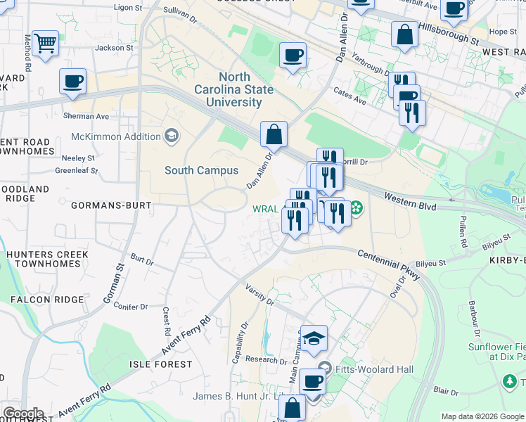 map of restaurants, bars, coffee shops, grocery stores, and more near 2374 Champion Court in Raleigh