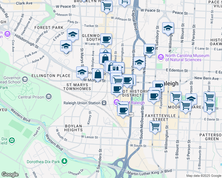 map of restaurants, bars, coffee shops, grocery stores, and more near 102 South West Street in Raleigh