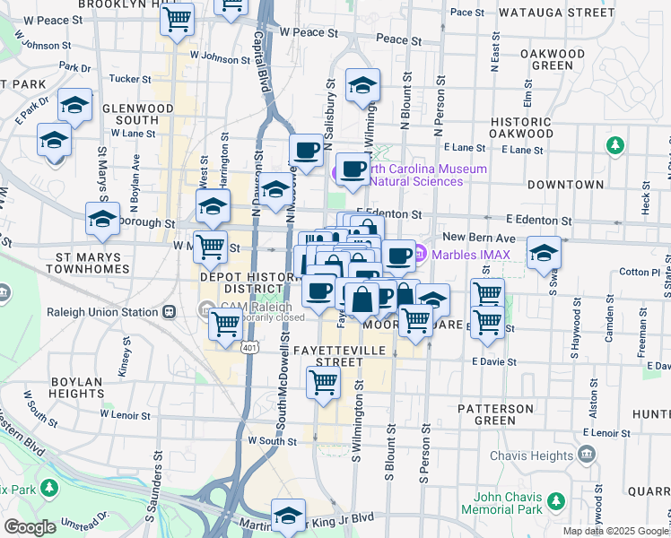 map of restaurants, bars, coffee shops, grocery stores, and more near 150 Fayetteville Street in Raleigh