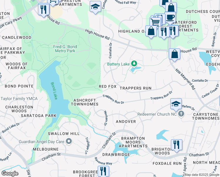 map of restaurants, bars, coffee shops, grocery stores, and more near 107 Fox Den Court in Cary