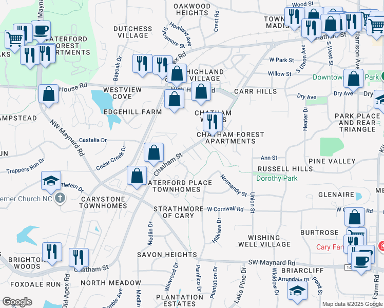 map of restaurants, bars, coffee shops, grocery stores, and more near 105 Cimmaron Court in Cary