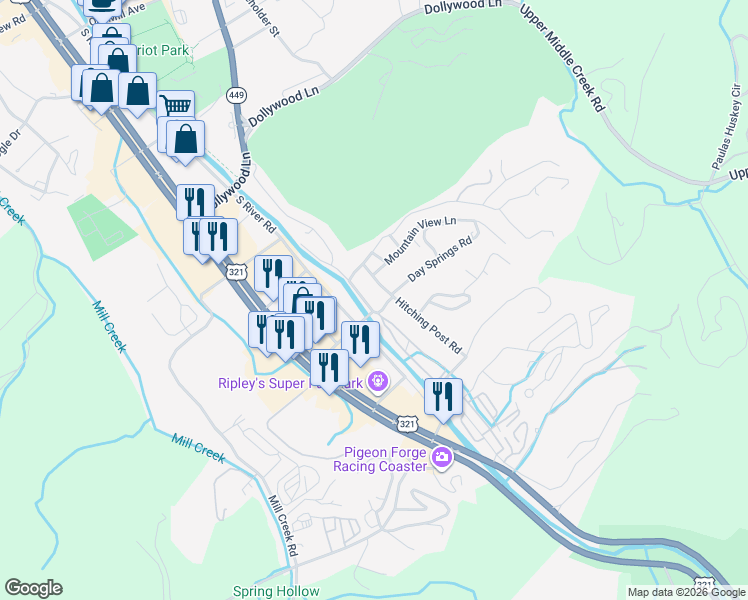 map of restaurants, bars, coffee shops, grocery stores, and more near 426 McMahan Road in Pigeon Forge