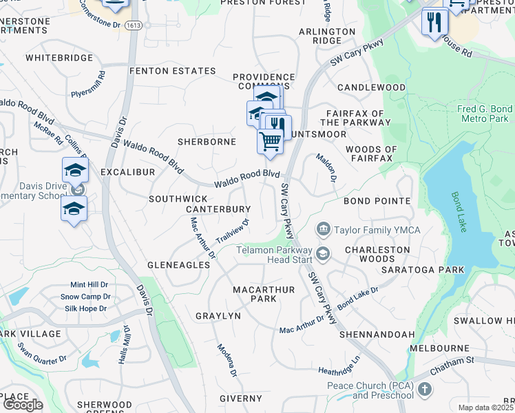 map of restaurants, bars, coffee shops, grocery stores, and more near 112 Haddonfield Lane in Cary