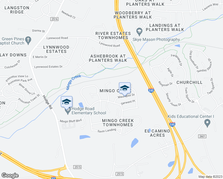 map of restaurants, bars, coffee shops, grocery stores, and more near 607 Bellefont Court in Knightdale