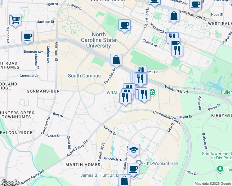 map of restaurants, bars, coffee shops, grocery stores, and more near 2374 Champion Court in Raleigh