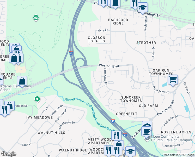map of restaurants, bars, coffee shops, grocery stores, and more near 6420 Daybrook Circle in Raleigh