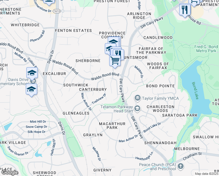 map of restaurants, bars, coffee shops, grocery stores, and more near 112 Haddonfield Lane in Cary
