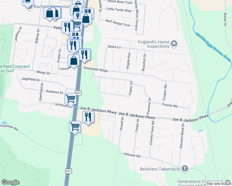 map of restaurants, bars, coffee shops, grocery stores, and more near 502 Titans Circle in Murfreesboro