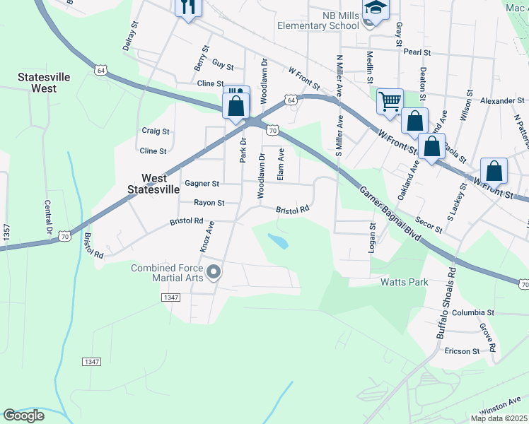 map of restaurants, bars, coffee shops, grocery stores, and more near 1731 Bristol Road in Statesville