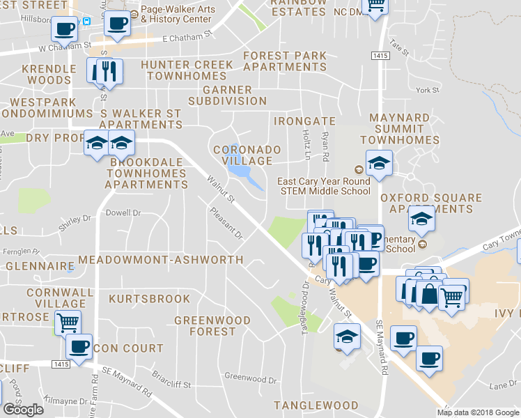 map of restaurants, bars, coffee shops, grocery stores, and more near 504 Ralph Drive in Cary