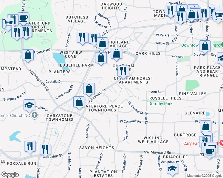 map of restaurants, bars, coffee shops, grocery stores, and more near 105 Cimmaron Court in Cary