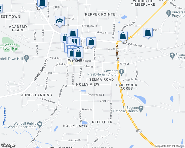 map of restaurants, bars, coffee shops, grocery stores, and more near 210 South Hollybrook Road in Wendell