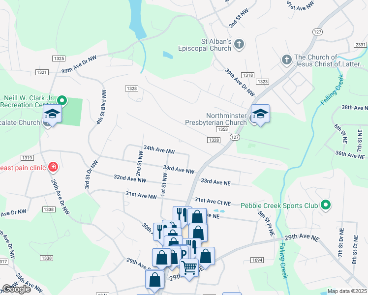 map of restaurants, bars, coffee shops, grocery stores, and more near 63 35th Avenue Northwest in Hickory