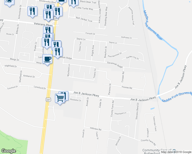 map of restaurants, bars, coffee shops, grocery stores, and more near 417 Titans Circle in Murfreesboro