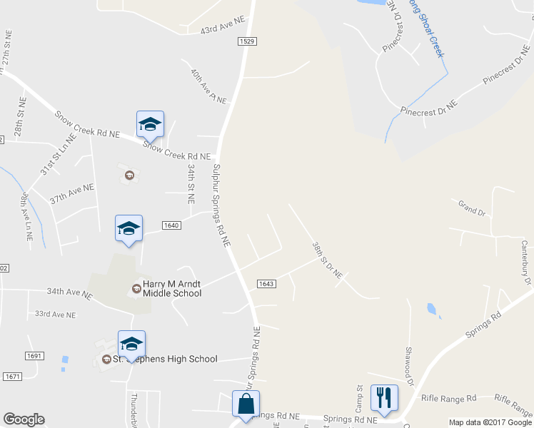 map of restaurants, bars, coffee shops, grocery stores, and more near 4597 36th Street Place Northeast in Hickory