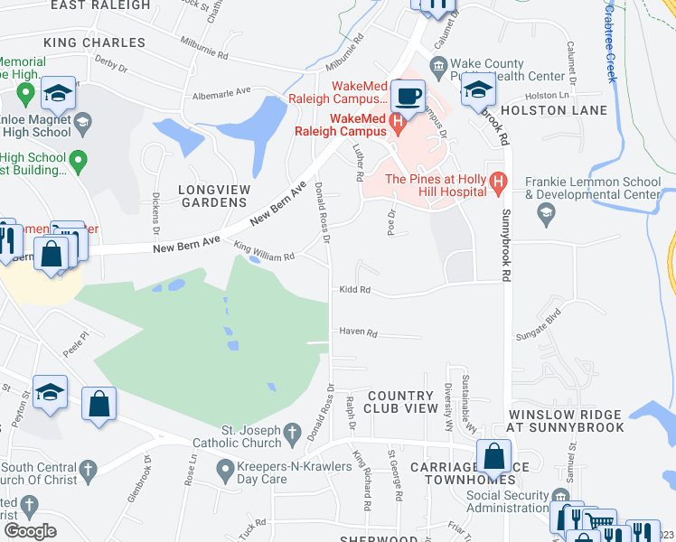 map of restaurants, bars, coffee shops, grocery stores, and more near 233 Donald Ross Drive in Raleigh