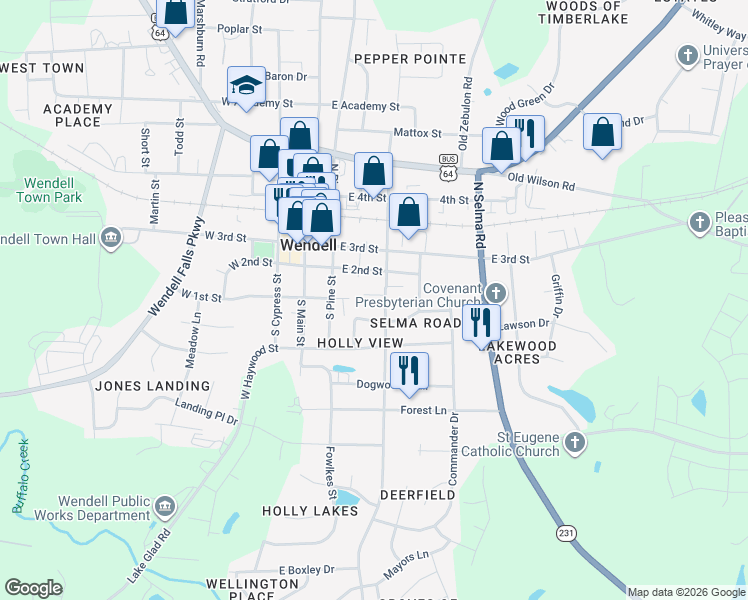 map of restaurants, bars, coffee shops, grocery stores, and more near 107 Kemp Street in Wendell