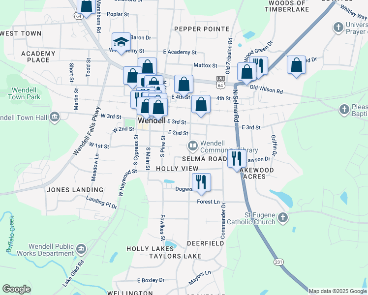 map of restaurants, bars, coffee shops, grocery stores, and more near 210 South Hollybrook Road in Wendell