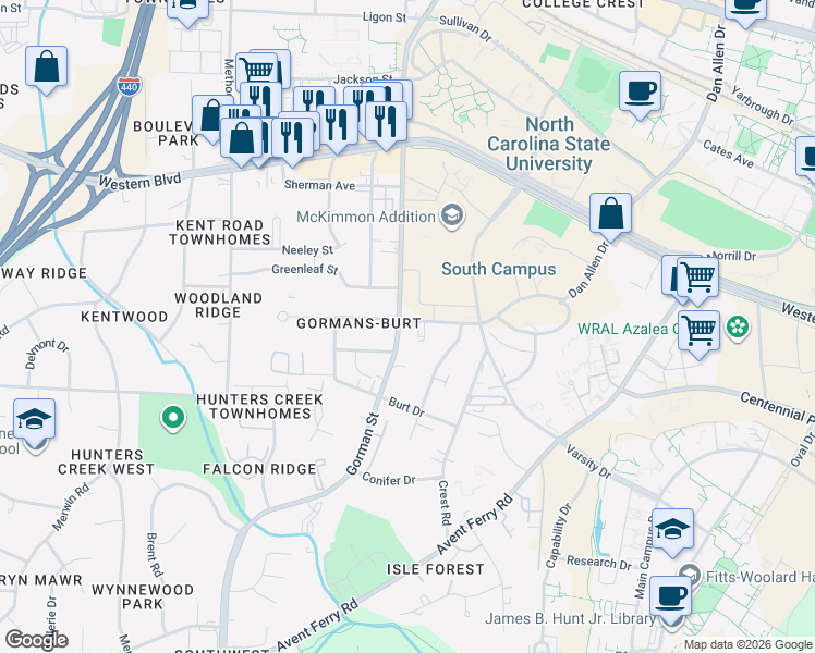map of restaurants, bars, coffee shops, grocery stores, and more near 3617 Marcom Street in Raleigh